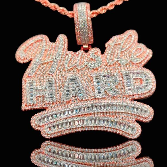 14K Rose Gold Finish Hustle Hard - Free 24inch x 3mm Rope Chain. - Picture 1 of 8